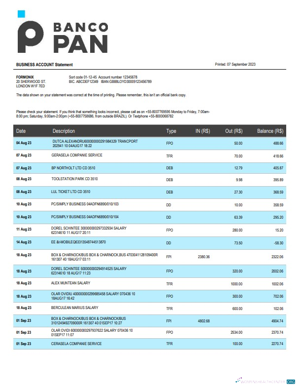 Download Banco Pan Bank firm account statement Word and PDF template Photoshop template